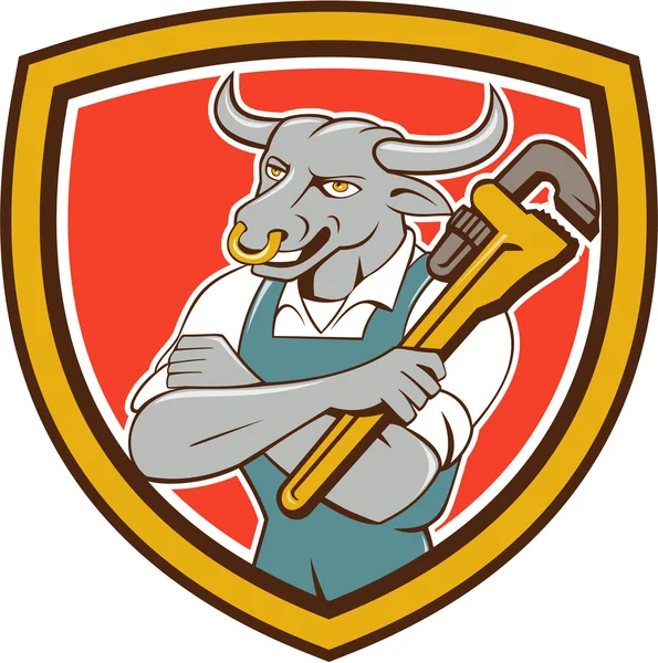 Bull Plumber Wrench Standing Shield Cartoon — Stock Vector