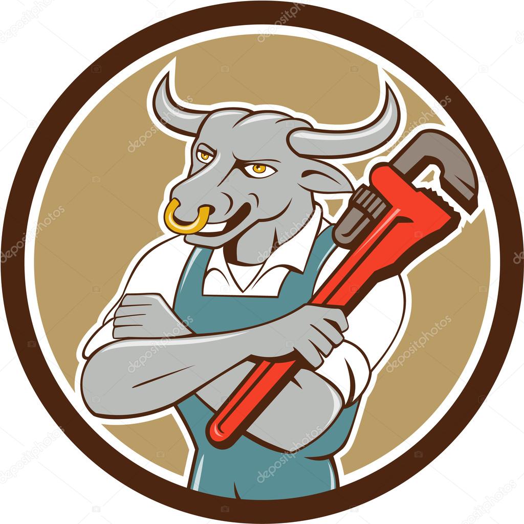 Bull Plumber Wrench Standing Circle Cartoon