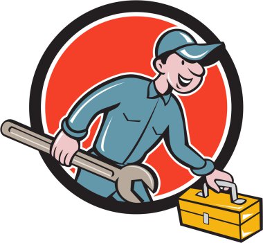 Araç kutusu Spanner daire karikatür taşıyan makinist