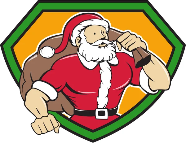 Super Santa Claus llevando la historieta del escudo del saco — Archivo Imágenes Vectoriales