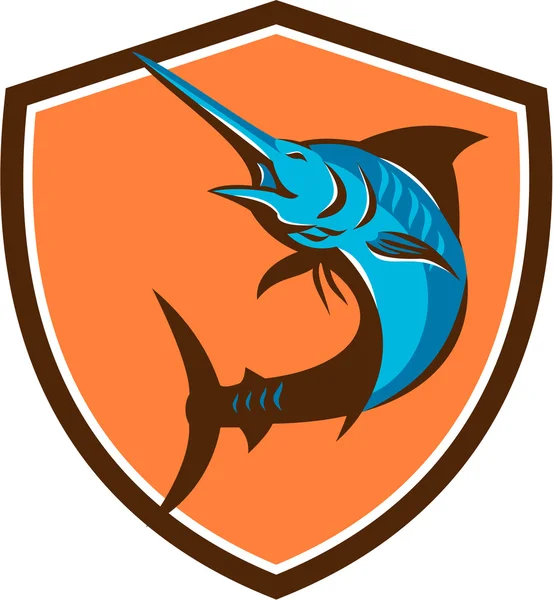 Marlin blu pesce che salta scudo retrò — Vettoriale Stock