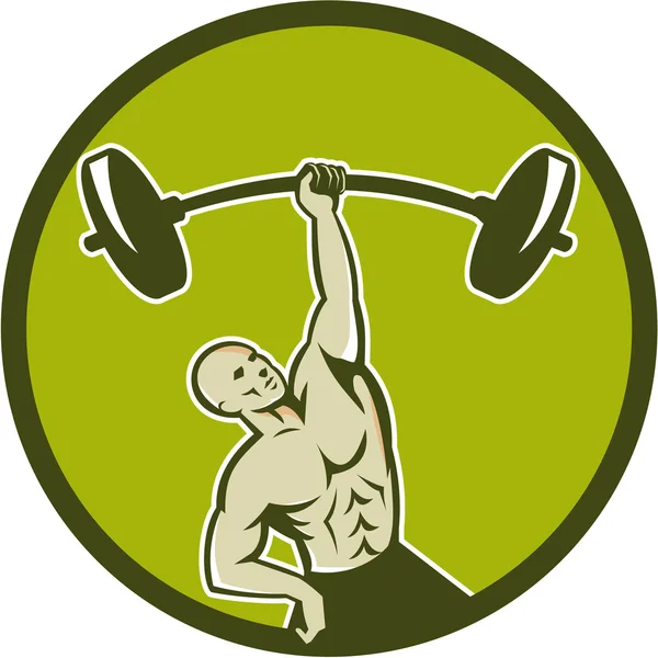 Weightlifter Lifting Barbell Circle Retro — Stock Vector