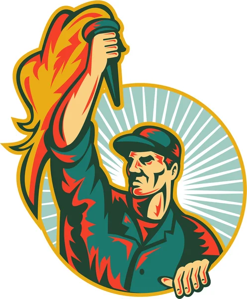 Worker Holding Up Flaming Torch — Stock Vector
