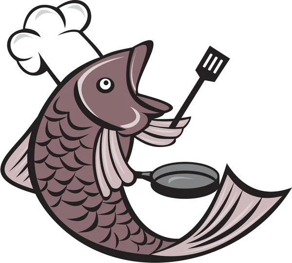 Pescado cocinero sosteniendo espátula Sartén — Vector de stock