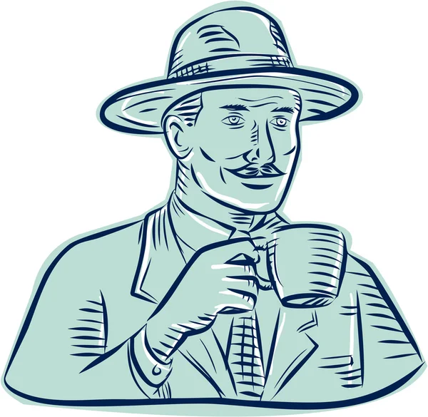 Uomo Fedora bere caffè — Vettoriale Stock