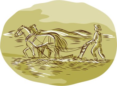 Farmer and Horses Plowing  field clipart