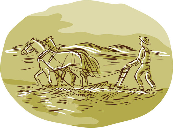 Farmer and Horses Plowing  field