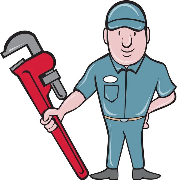 Plumber Standing Attention Wrench — Stock Vector