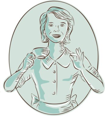 Housewife Drinking Cup of Coffee Etching