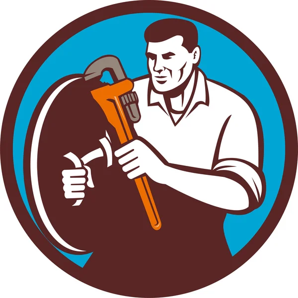 Plumber Brandishing Wrench Circle Retro — Stok Vektör