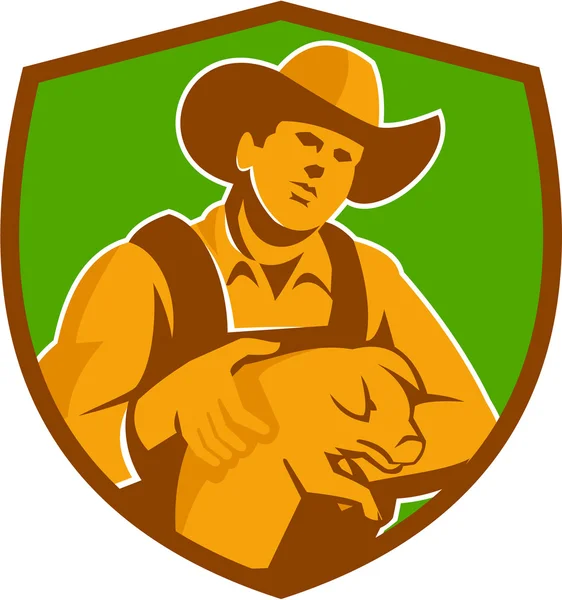 Pig Farmer Holding Piglet Front — Stockvector