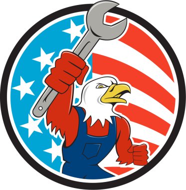 American Bald Eagle Mechanic Spanner Circle USA Flag Cartoon 