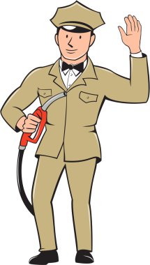 Gas Jockey Attendant Waving Isolated Cartoon