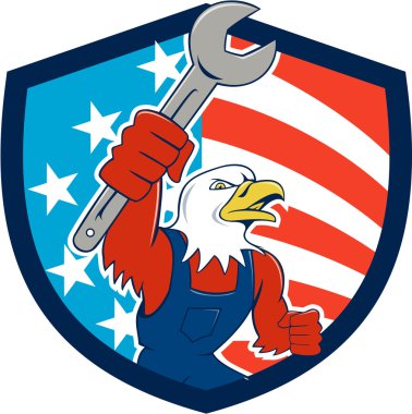American Bald Eagle Mechanic Spanner USA Flag Shield Cartoon 