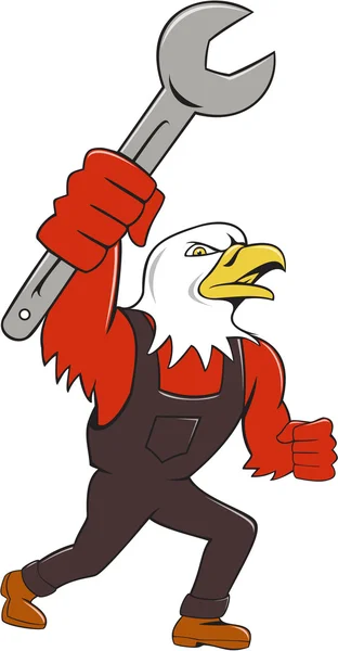 American Bald Eagle Mechanic Spanner Cartoon — Stockvector