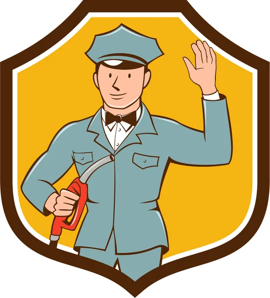 Gas Jockey Attendant Waving Shield Cartoon — Stock Vector