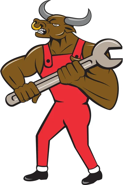 Mechanic Minotaur Bull Spanner Isolated Cartoon — Stockový vektor