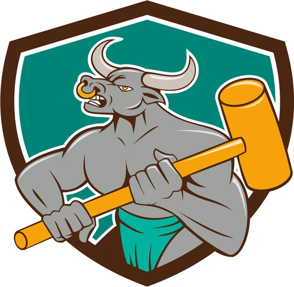 Minotaur Wielding Sledgehammer Shield Cartoon — ストックベクタ