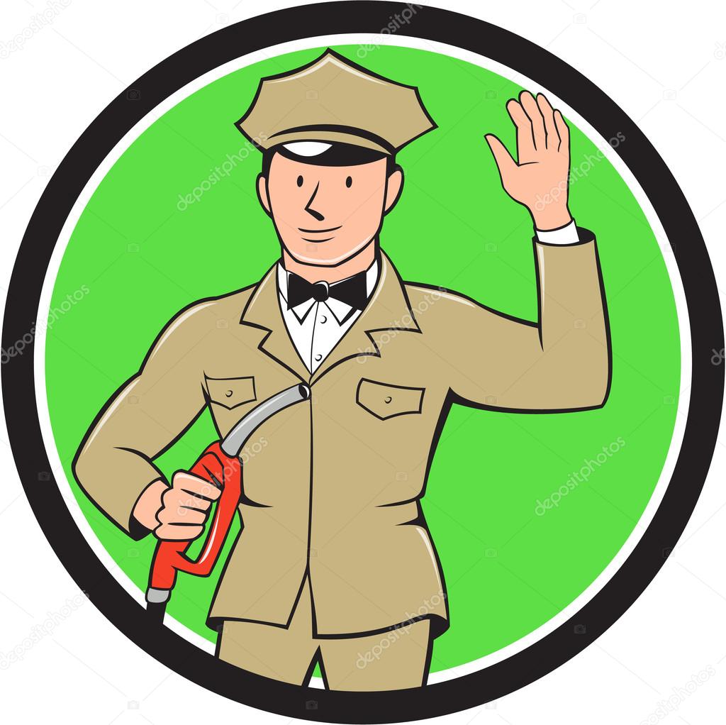 Gas Jockey Attendant Waving Circle Cartoon