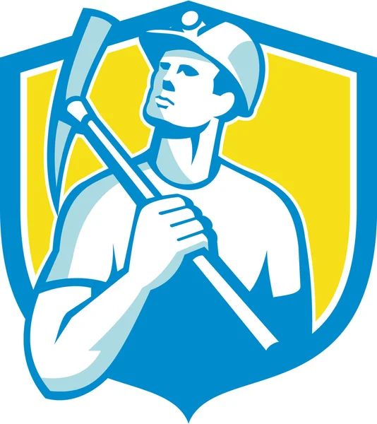 Coal Miner Holding Pick Axe Looking Up Shield Retro — 스톡 벡터