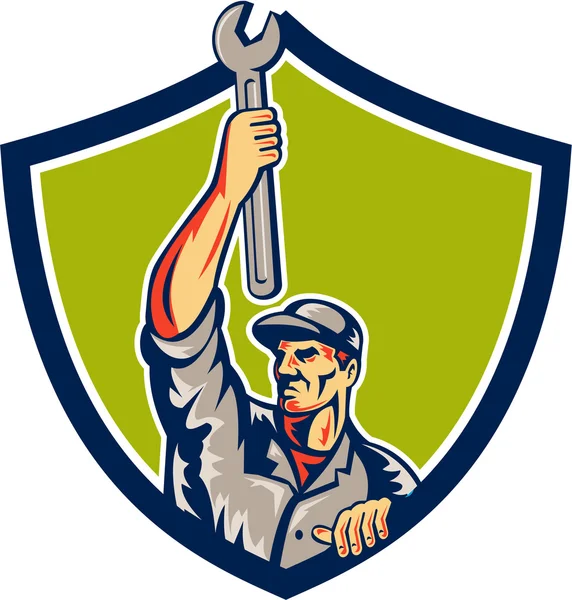 Mechanic Raising Up Spanner Wrench Shield Retro — Stockvector