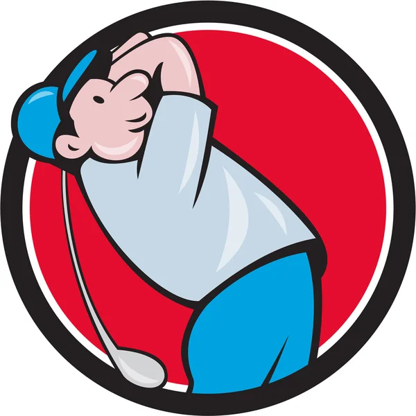 Golfer Swinging Club Circle Cartoon — Stock Vector