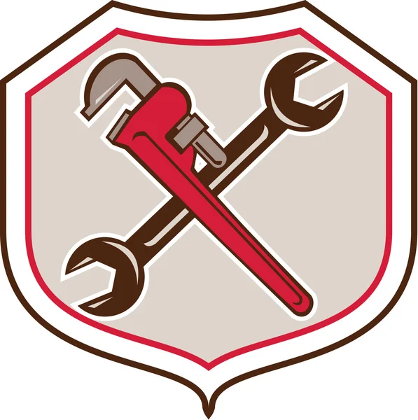 Pipe Wrench Spanner Crossed Shield Cartoon — Stock Vector