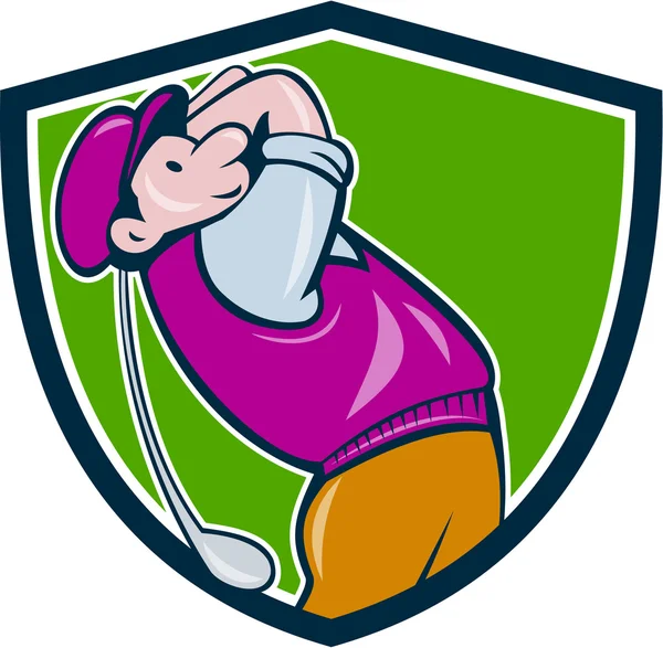 Vintage Golfista Swinging Club Teeing Off Shield — Vector de stock