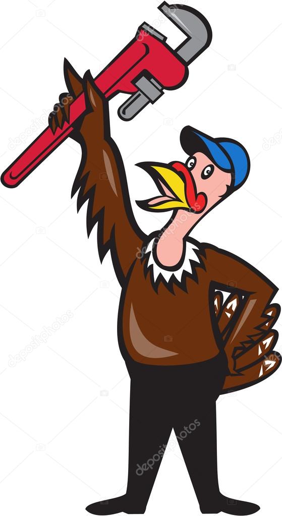 Turkey Plumber Raising Wrench Standing Cartoon