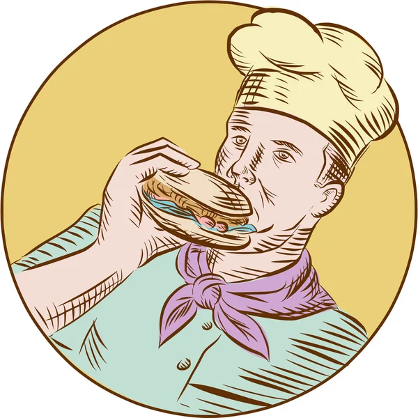 Chef cuisinier manger burger gravure — Image vectorielle