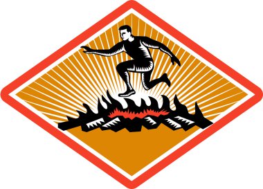 Obstacle Racing Jumping Fire Woodcut clipart