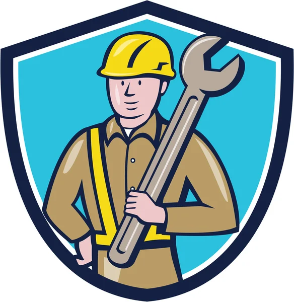 Obrero de la construcción Spanner Shield Dibujos animados — Vector de stock