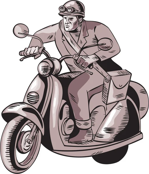 Messenger Riding Vintage Scooter Etching — Stockový vektor