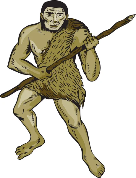 Neanderthal Man Holding Spear Etching — Stock vektor