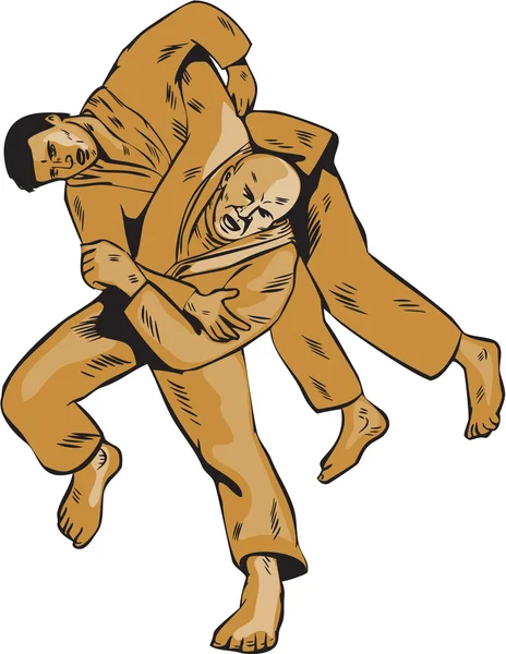 Judo Combatants Throw Front Etching — 图库矢量图片