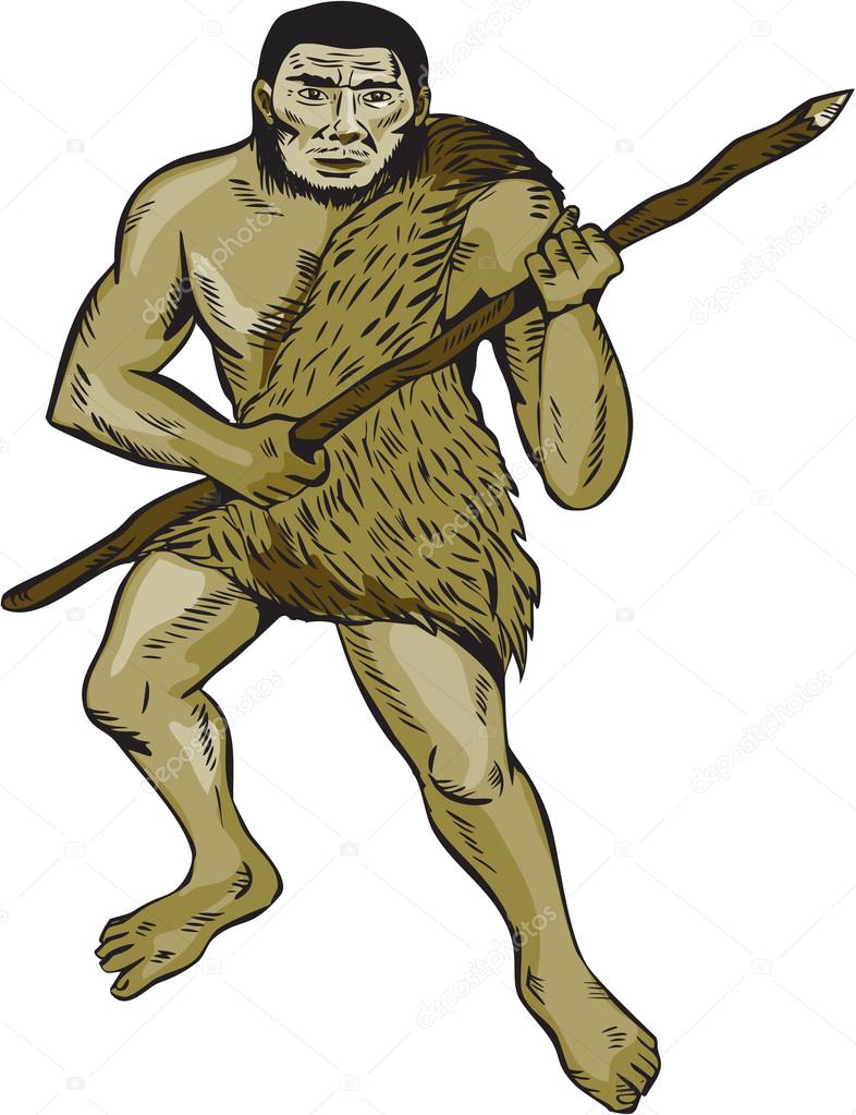 Neanderthal Man Holding Spear Etching