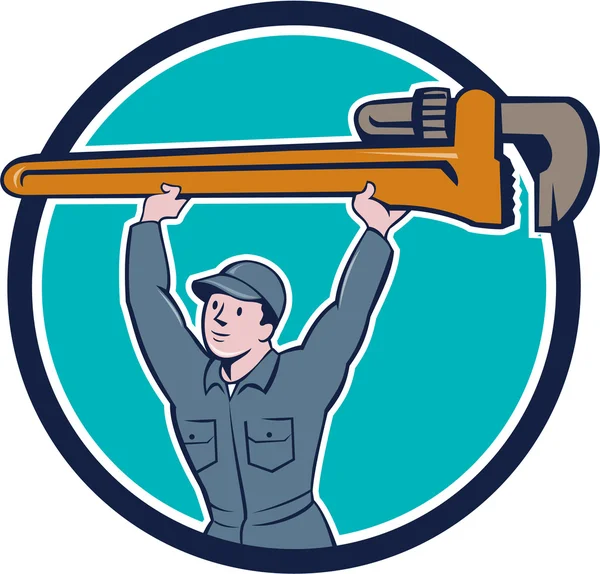 Plumber Lifting Monkey Wrench — Stock Vector