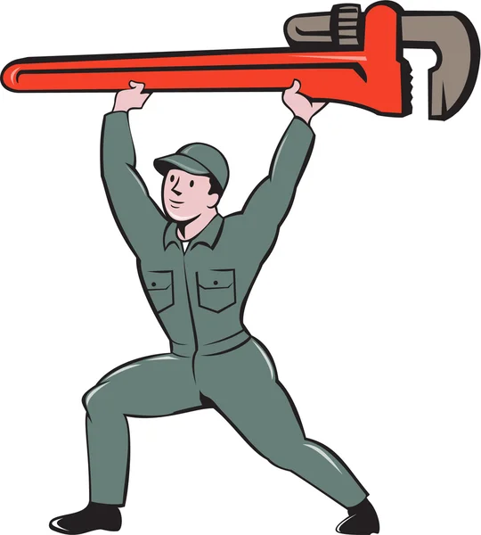 Plumber Lifting Monkey Wrench — Stockvector