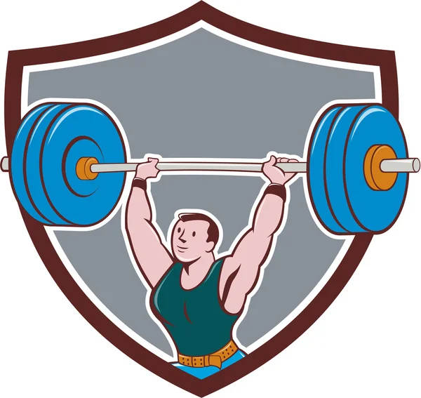 Weightlifter Lifting Barbell Shield Cartoon — Stock Vector