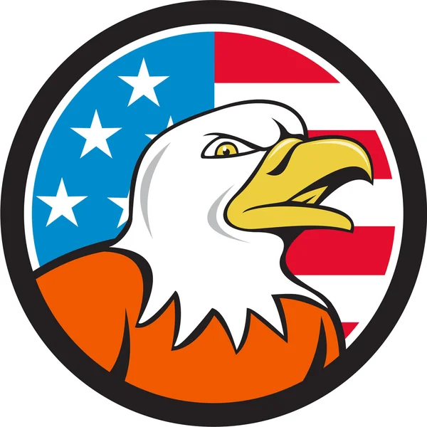 Αμερικανική φαλακρός αετός κεφάλι θυμωμένος σημαία κύκλο κινουμένων σχεδίων — Διανυσματικό Αρχείο