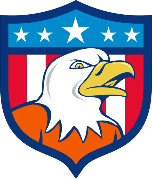 American calvo águila cabeza enojado bandera cresta de dibujos animados — Vector de stock