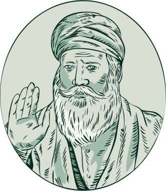 Sih Guru gravür sallayarak rahip
