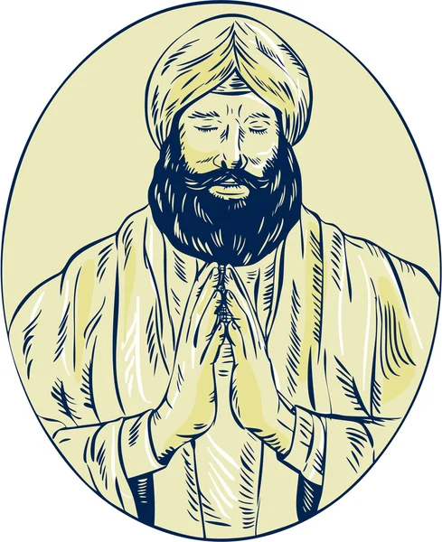 Sacerdote Sikh Orando Frente Oval gravura — Vetor de Stock
