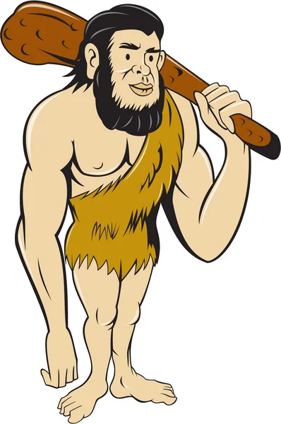 Barbar neandertálec drží klub kreslený — Stockový vektor