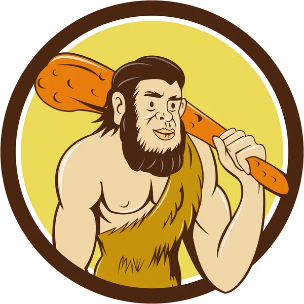 Neanderthal hombre celebración club círculo de dibujos animados — Vector de stock