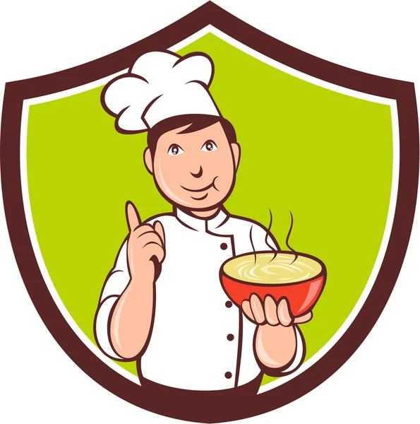 Chef Cook Bowl apuntando cresta de dibujos animados — Vector de stock