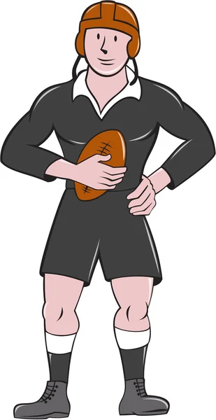 Jogador de rugby vintage segurando bola de pé Cartoon — Vetor de Stock