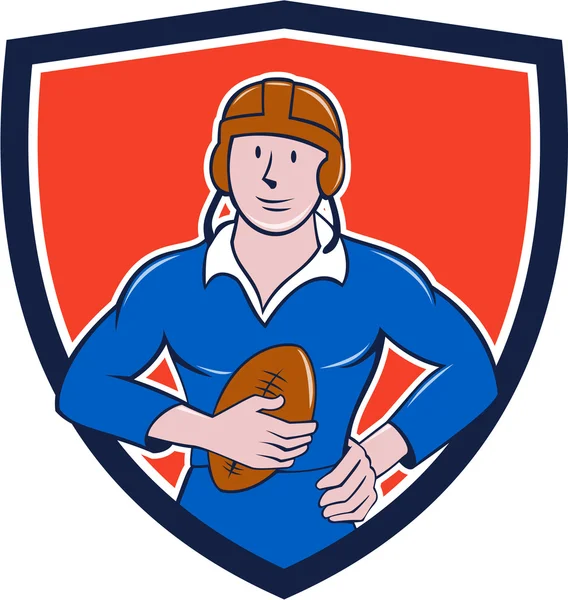 Vintage French Rugby Player Holding Ball Crest Cartoon — Stock Vector