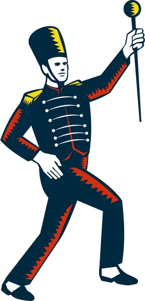 Tamburo Maggiore Marching Band Leader Woodcut — Vettoriale Stock