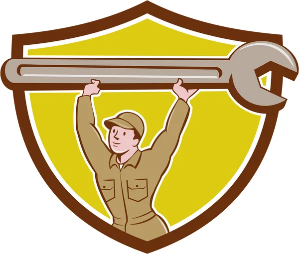 Mechanic Lifting Spanner Wrench Crest Cartoon — Stock Vector